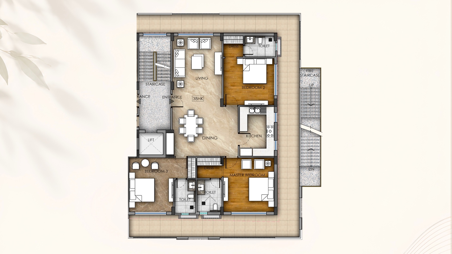 Urban Nest 3BHK floor plan with three en-suite bedrooms