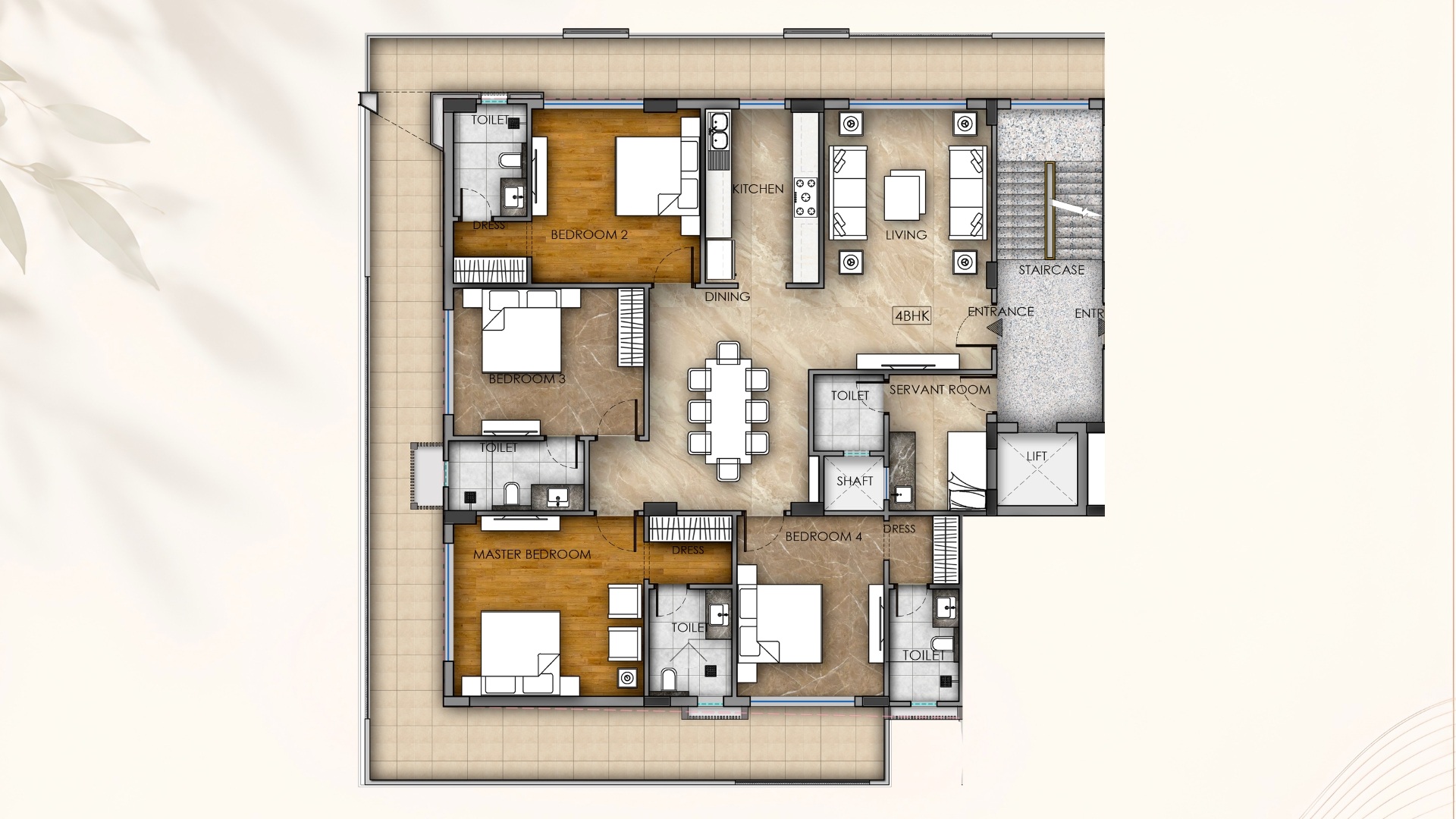 Urban Nest 4BHK floor plan with staff room and four bedrooms