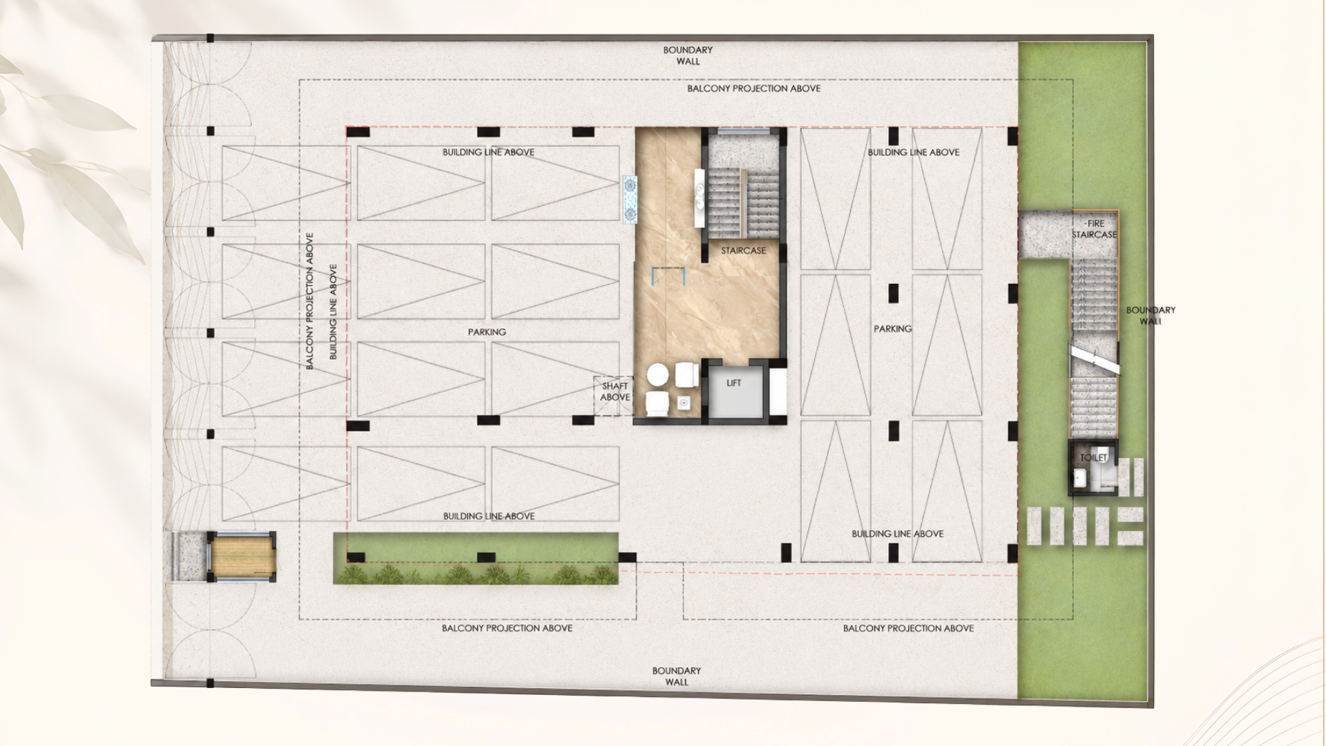 Urban Nest stilt floor plan showing parking layout and fire exit