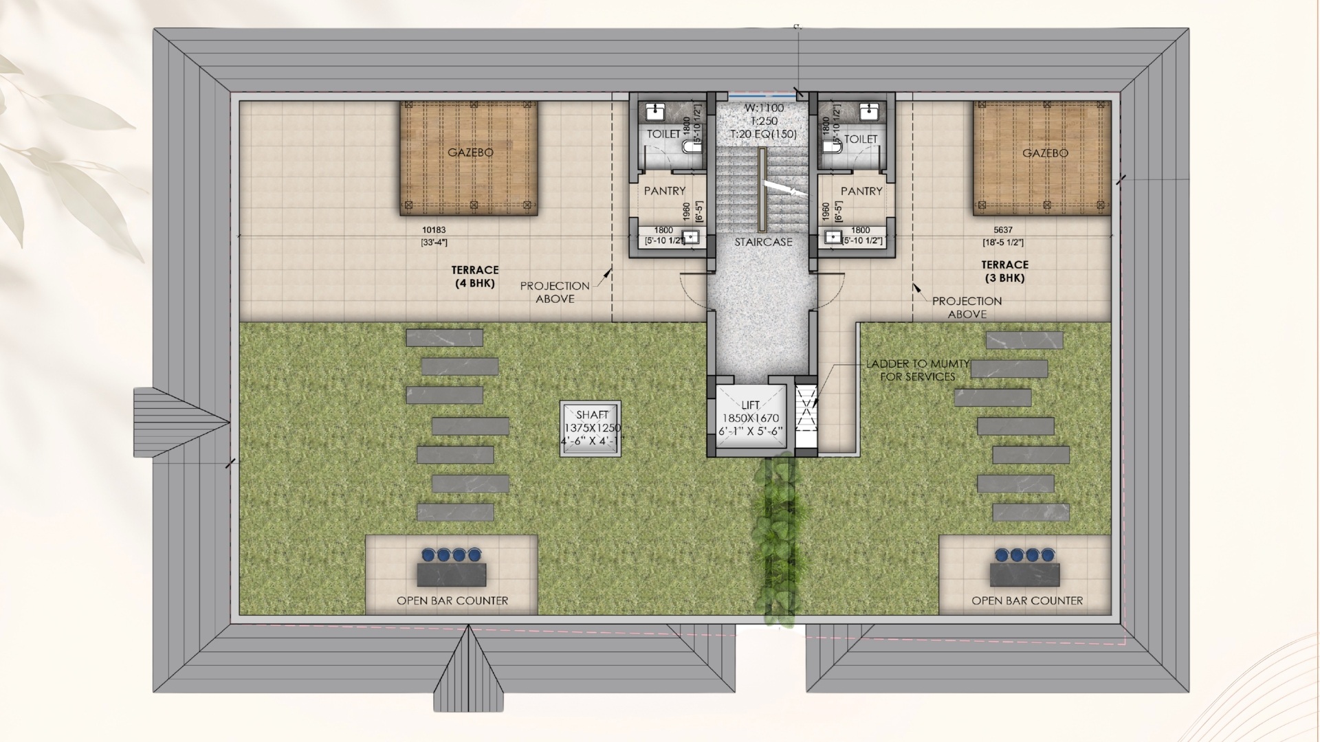 Urban Nest terrace floor plan with gazebo and landscaped areas
